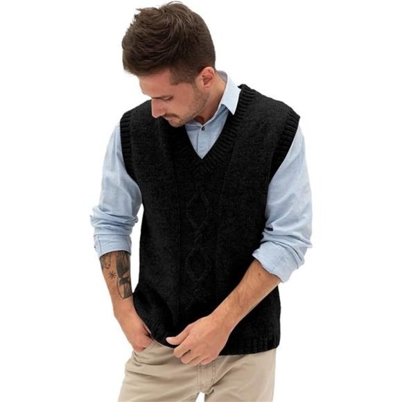 Sweater Vest for Men V Neck Sleeveless Chunky, Black - Picture 3 of 6
